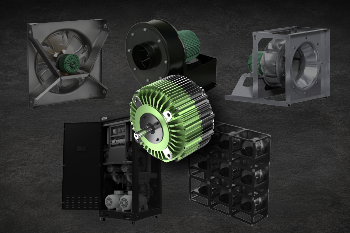 Conifer powertrain hardware laid out on a dark textured surface: a
                  green-finned electric motor in the foreground, with fan assemblies, a
                  blower housing, a control cabinet and a rack of modules behind it.